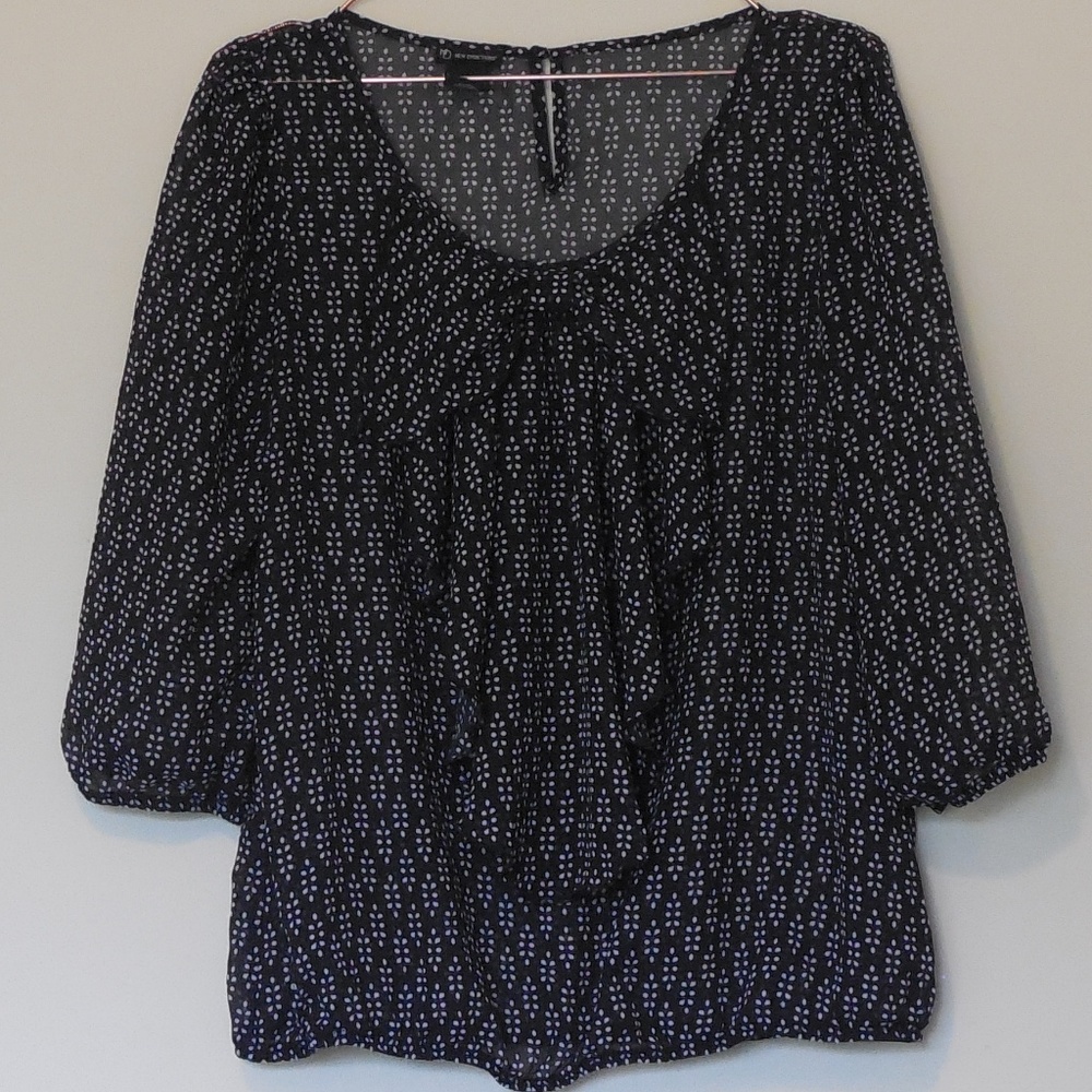 New Directions Printed Round Necklace Sheer Blouse